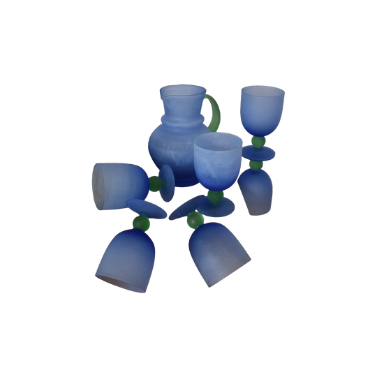 Funky Blue and Green Frosted Glass Cocktail set. Jug and 6 goblets