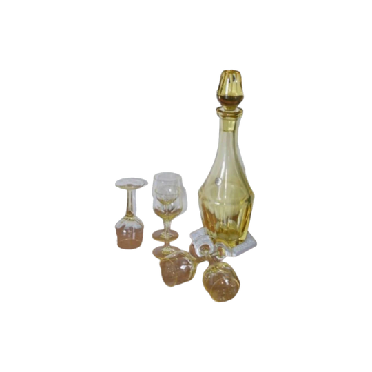Bramor Hand Cut Lead Crystal Decanter and 5 stemmed Liqueur glasses by Hoya. Made in Japan