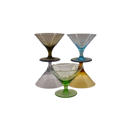 Short stemmed etched Harlequin Cocktail glasses. Set of 5