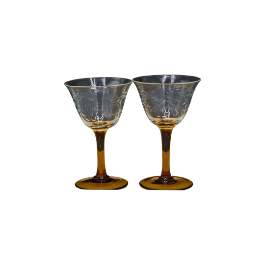 Vintage Amber Stemmed Cut Floral Design Port/Liquor Glasses