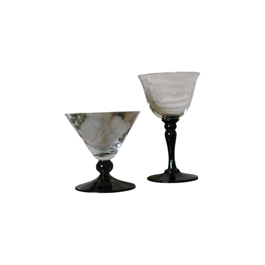 Miss Match set of 2 black stemmed etched liqueur glasses.