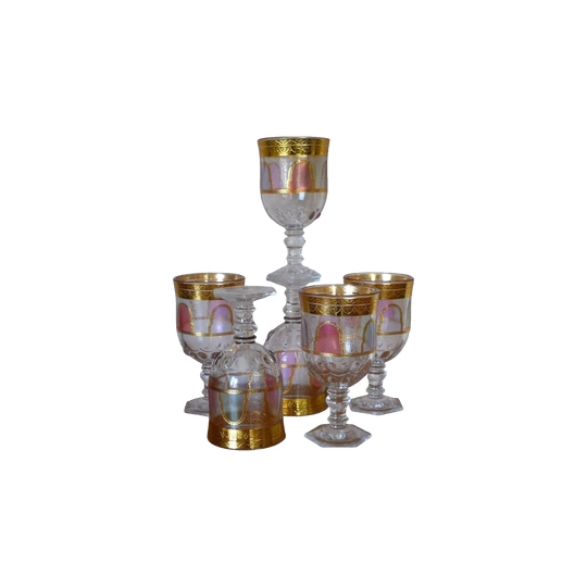 Goblet style Wine glasses with gold trim and coloured panels. Set of 6