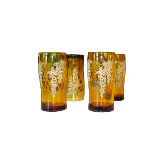 Vintage Amber Tumblers with Grapevine embossed motif x 4