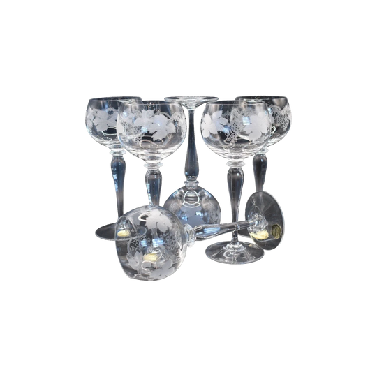 Crystal Hock Etched Grapevine pattern tall stemmed Czech Bohemia Glasses. Set of 6