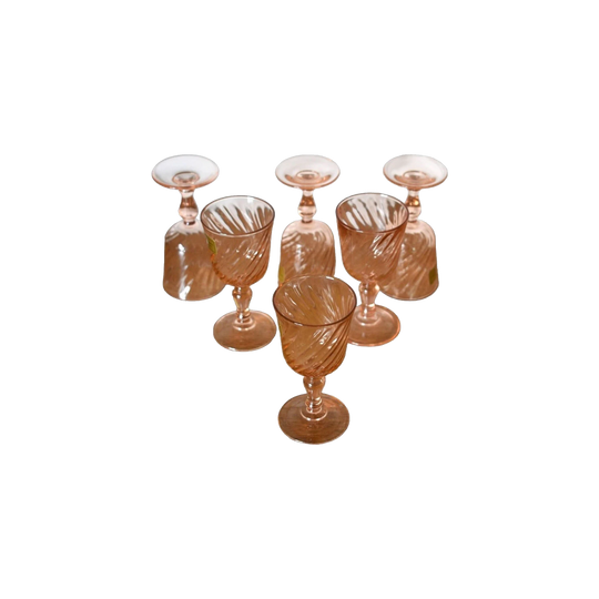 Small Vintage Luminarc Liqueur/Port Glasses. Rosaline Pink Swirl. Made in France. Set of 6