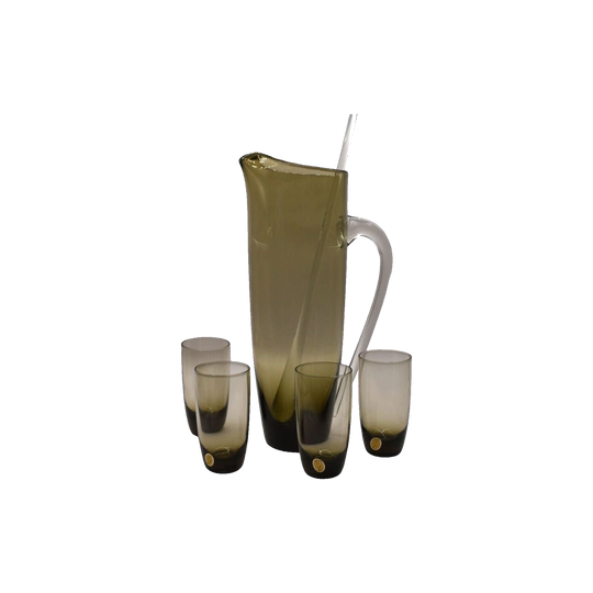 Smokey brown cocktail pitcher with 4 small tumblers. Made in Poland