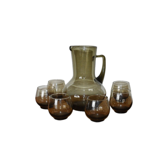 Smokey Green cocktail pitcher with six roly poly glasses.