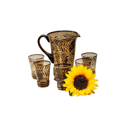 Vintage Amber Water Set With Gold /Silver Plant Fronds and Gold Trim