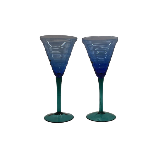 Pier 1 Imports Wine Glasses. Cobalt Blue with Green Teal Stems. Set of 2