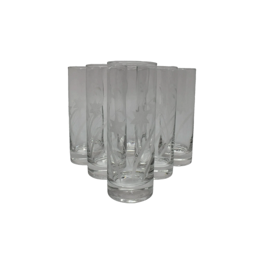 Tall narrow "Collins" tumblers. Etched Glass water glass. Cocktail Glasses. Set of 6
