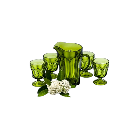 Vintage Anchor Hocking Avocado Green  'Fairfield Pattern' Water Set