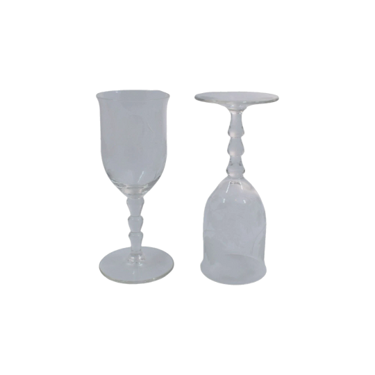 Vintage Crystal - "Stacked" beaded stemmed cordial glass with etched flower/leaf design. Liqueur glasses. Set of 2
