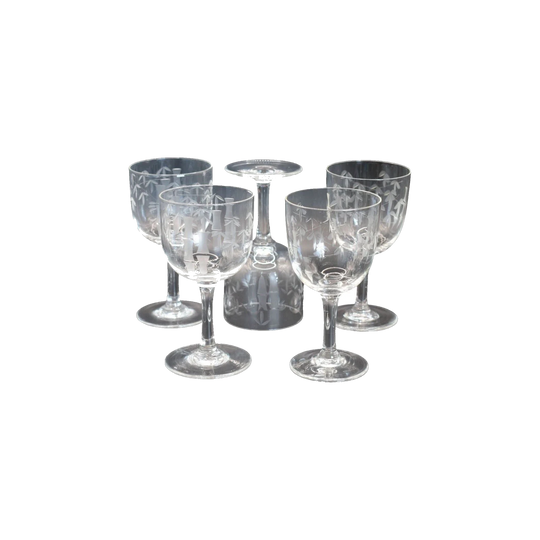 Vintage Etched Bamboo Cordial Glasses. Set of 5