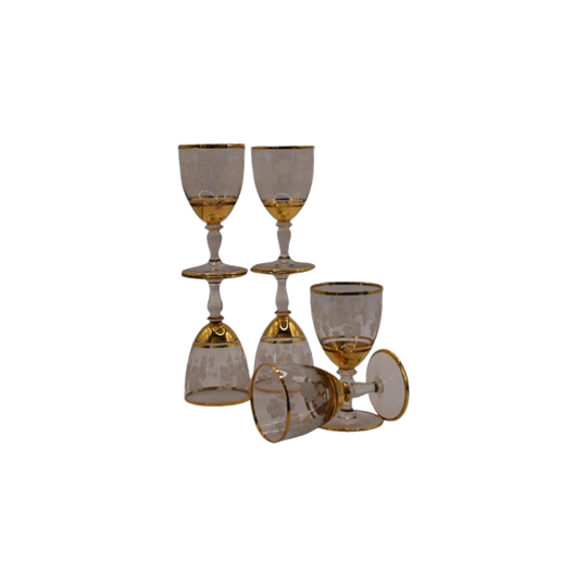 Vintage Bohemian Crystal Gold trimmed etched sherry glasses. Set of 6
