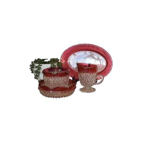 Vintage Indiana Glass Cranberry Rimmed Creamer Sugar Bowl & Underplate