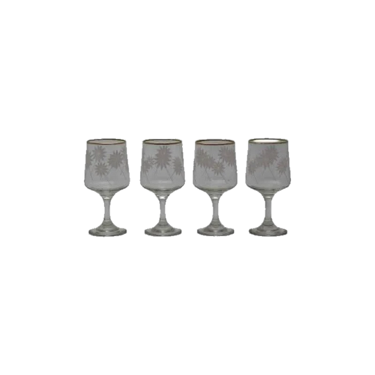 Vintage Small Wine or Cordial Glasses. Clear with embossed flower and gold rim. Set of 4