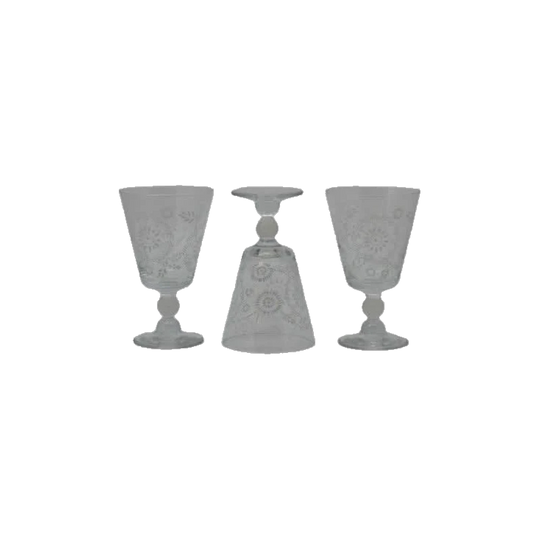 Vintage Pretty White Painted/Stenciled floral design. Short frosted ball stemmed wine glass/water goblet. Set of 3