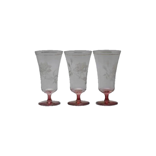 Vintage Rose Etched pink stem and footed parfait glasses. Champagne Flutes. Set of 3