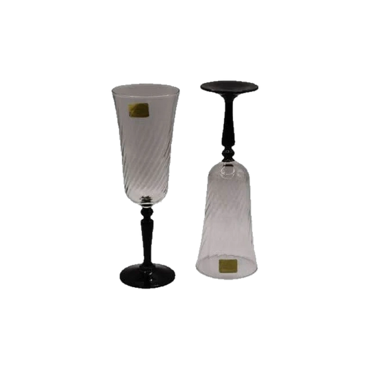 Vintage Luminarc France. Champagne Flute - Twirled clear glass with black stem. Set of 6