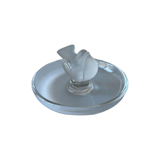 Vintage Lalique Frosted Crystal Glass Finch Bird Ring/Pin Dish, France, c. 1900s