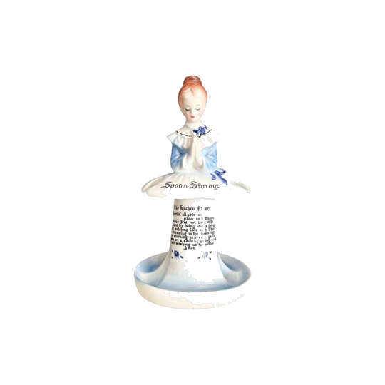 Enesco Prayer Lady Blue Ceramic Spoon Storage Holder with The Kitchen Prayer, 1960s