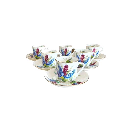 Hammersley & Co ‘Delphinium’ Fine Bone China Demitasse Cups and Saucers, Set of 6, 1930s, Longton, Stoke-on-Trent, England