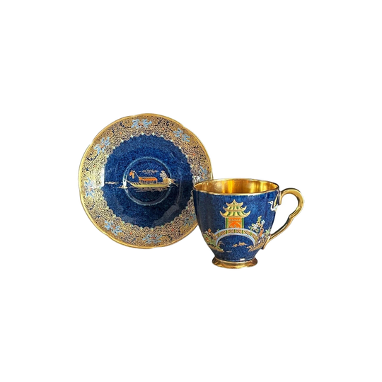 Carlton Ware ‘Pagoda’ 1930s Art Deco Enamel and Gilt Porcelain Demitasse Cup and Saucer
