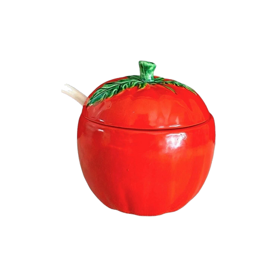 1960s Japanese Kitsch Ceramic Figural Tomato Condiment Pot with Spoon