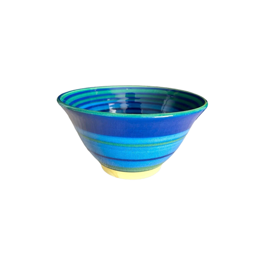 Lincoln Kirby Bell Jam Factory Adelaide 2001 Hand-Thrown Blue and Green Swirl Pottery Bowl with Frog, Signed and Dated