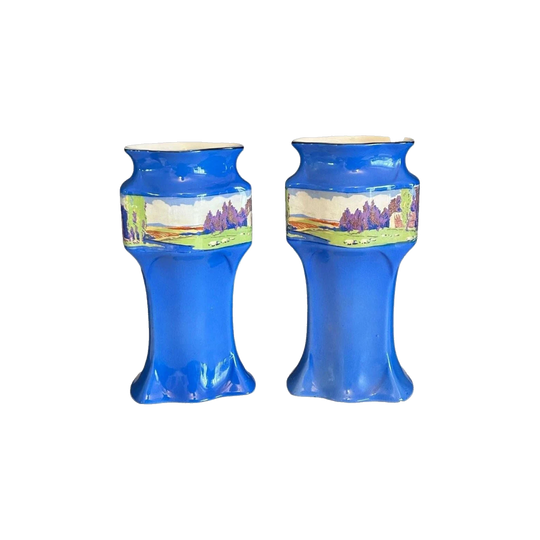 Lancaster & Sons, Hanley, England Art Deco Cobalt Blue Vases – Pair, 1920s, Hand-Decorated Nature Scenes