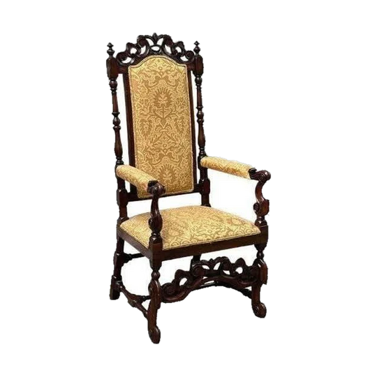 Georgian Rococo Walnut Armchair, England, 18th Century, Yellow Jacquard Upholstery