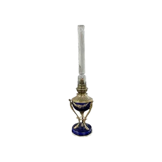 French Napoleon III Museum-Quality Oil Lamp, c.1860 – Royal Blue Porcelain, Ormolu Floral Swags, Sèvres Style, Small Proportions
