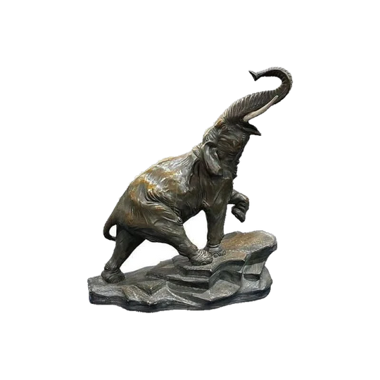 19th Century Hand-Carved Ceramic Elephant Statue with Bronze-Coated Finish, Signed
