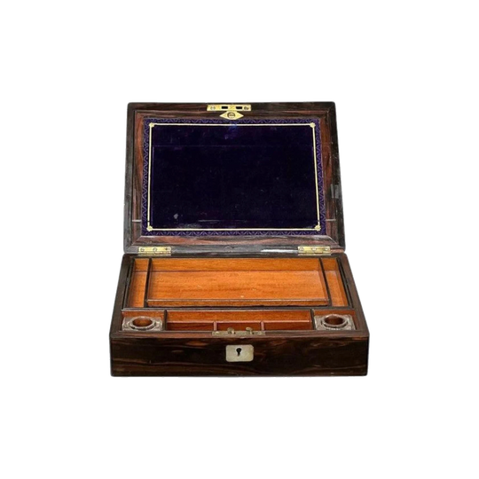Victorian Coromandel Writing Box with Writing Slope and Two Glass Ink Wells, c.1850