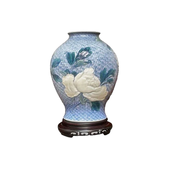Early 20th-Century Korean Baluster-Shaped Bright Blue Floral Vase with Asian-Style Wooden Stand