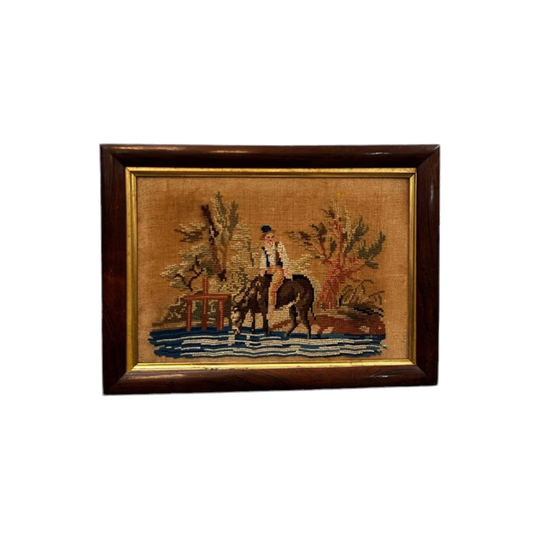 Antique Rosewood-Framed Tapestry, c.1860 – Horse Drinking at Stream with Owner