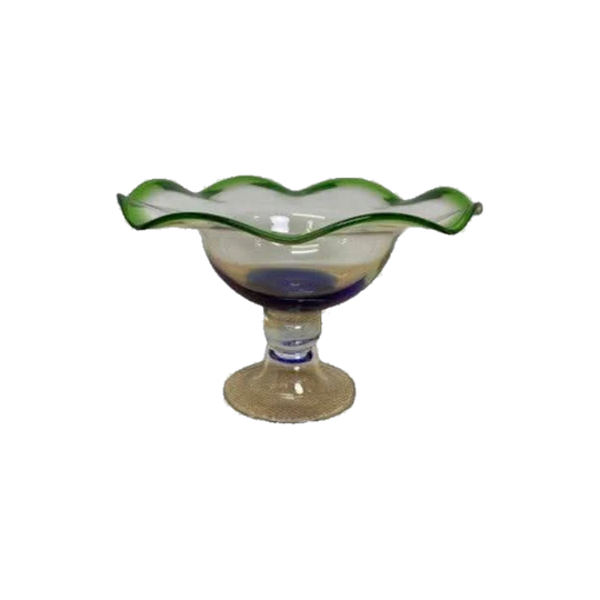Mid-Century Green and Blue Art Glass Compote Dish