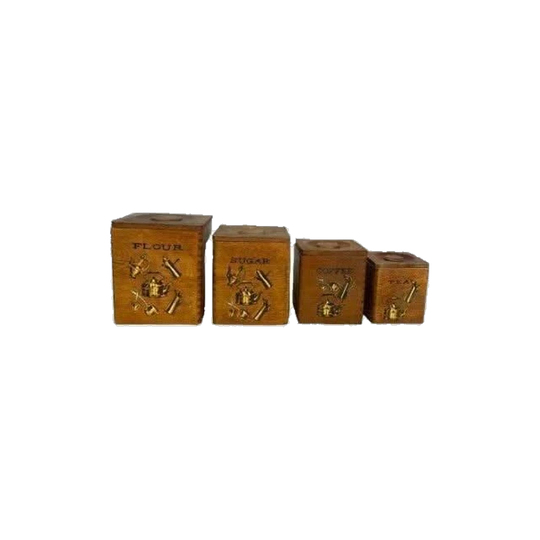 Set of 4 Retro Timber Kitchen Canisters – Flour, Sugar, Coffee & Tea