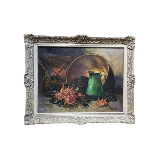 Antique French or Belgian School Still Life Oil Painting of Seafood, Signed, Oil on Canvas on Panel, Framed
