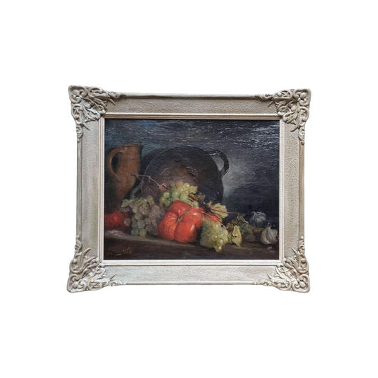 Antique Still Life Oil Painting, French or Belgian School, 1901, Signed, Oil on Canvas with Period French Washed Frame