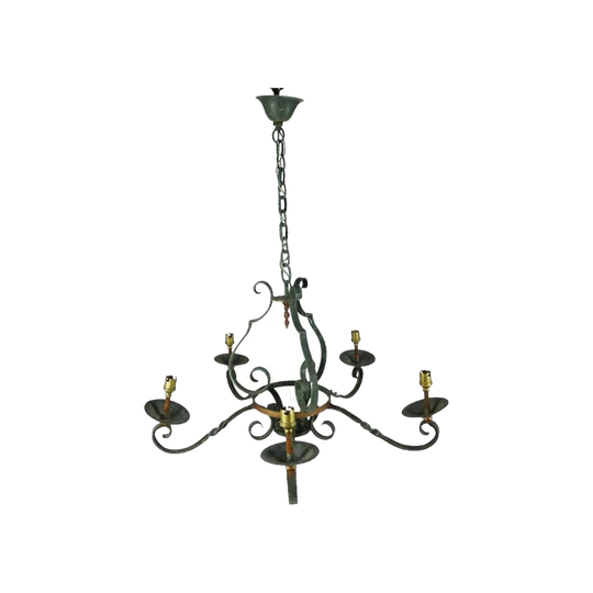 Antique French Wrought Iron 5‑Light Chandelier, c. 1920