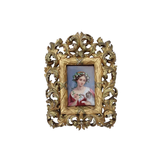 Antique French/Italian Porcelain Plaque in Hand-Carved Giltwood Frame, 18th–19th Century – Portrait of a Young Girl with Cat