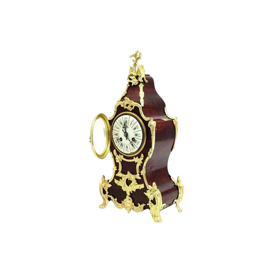 Antique French Red Lacquer Rococo Mantel Clock with Gilt Bronze Mounts, 8-Day Bell Strike, c.1880 (H & F Paris)
