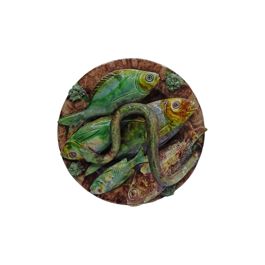 Antique Portuguese Palissy Majolica Wall Platter with Five Fish and Eel, Signed, Possibly José Alves Cunha (Caldas da Rainha), 19th Century, 25 cm