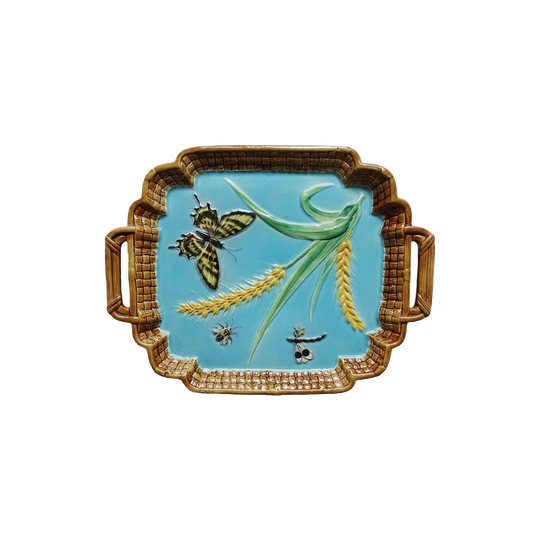 George Jones Majolica Wheat and Butterfly Rectangular Tray in Turquoise Glaze