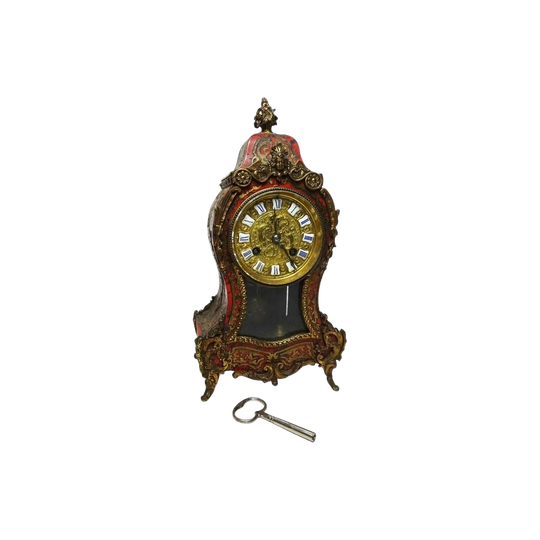 Antique French Boulle Marquetry Mantel Clock, Small, 32 cm H, with Key and Pendulum