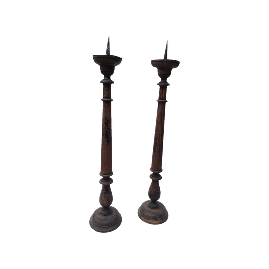 Pair of Antique French Timber Pricket Candlesticks in Black Paint, 76 cm