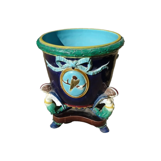 Joseph Holdcroft Antique Majolica Floor Jardiniere, Cobalt Blue with Ribbons and Medallions, c. 1875