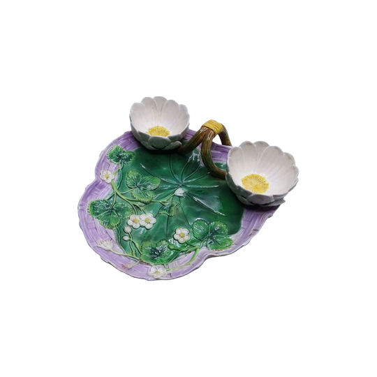Antique George Jones Majolica Strawberry Server, Water Lily on Pink Basket, c. 1875