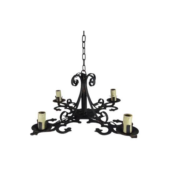 Early 20th Century French Wrought Iron Four-Light Chandelier, Black Iron, Wired